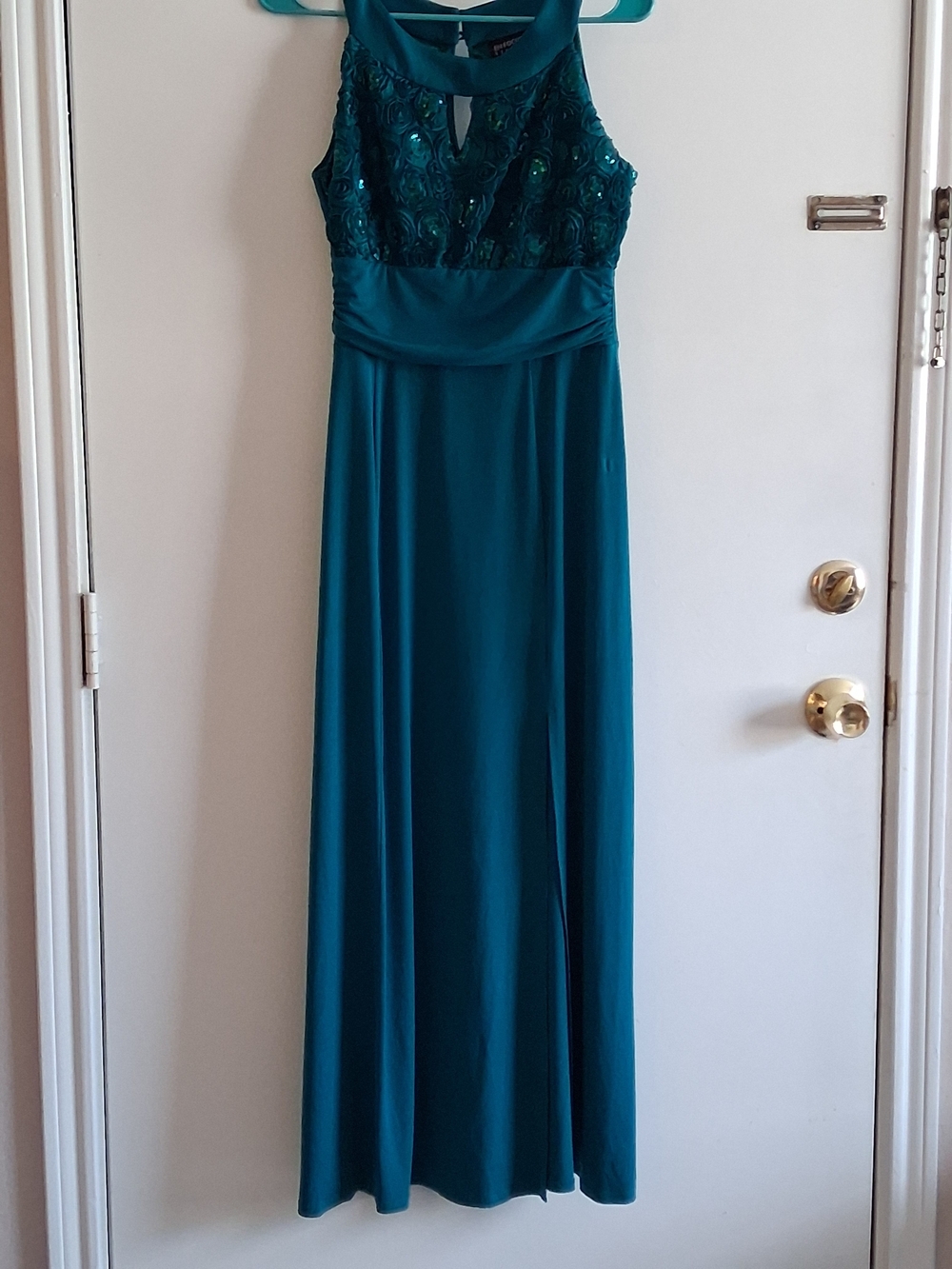 Enfocus Studio Teal Halter Maxi Dress with Rosette Bodice